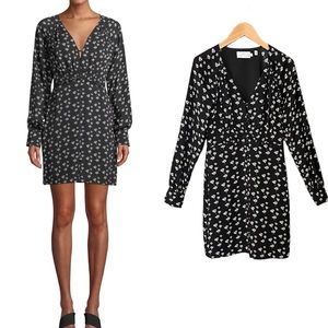 Tanya Taylor black White Poppy Print V-Neck Silk Long Sleeve Short Dress 0
